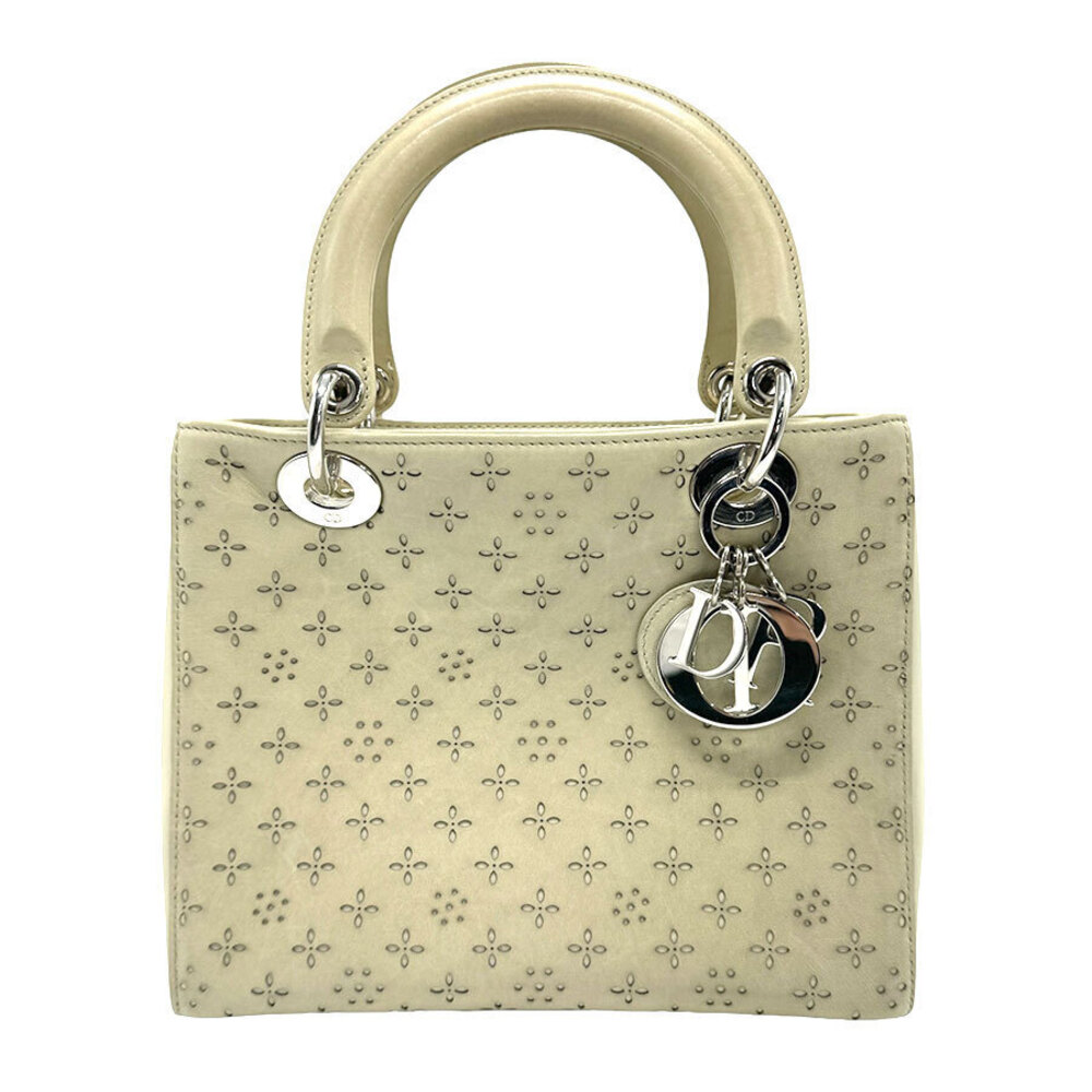 Christian Dior Leather 2Way Shoulder Bag Beige Silver